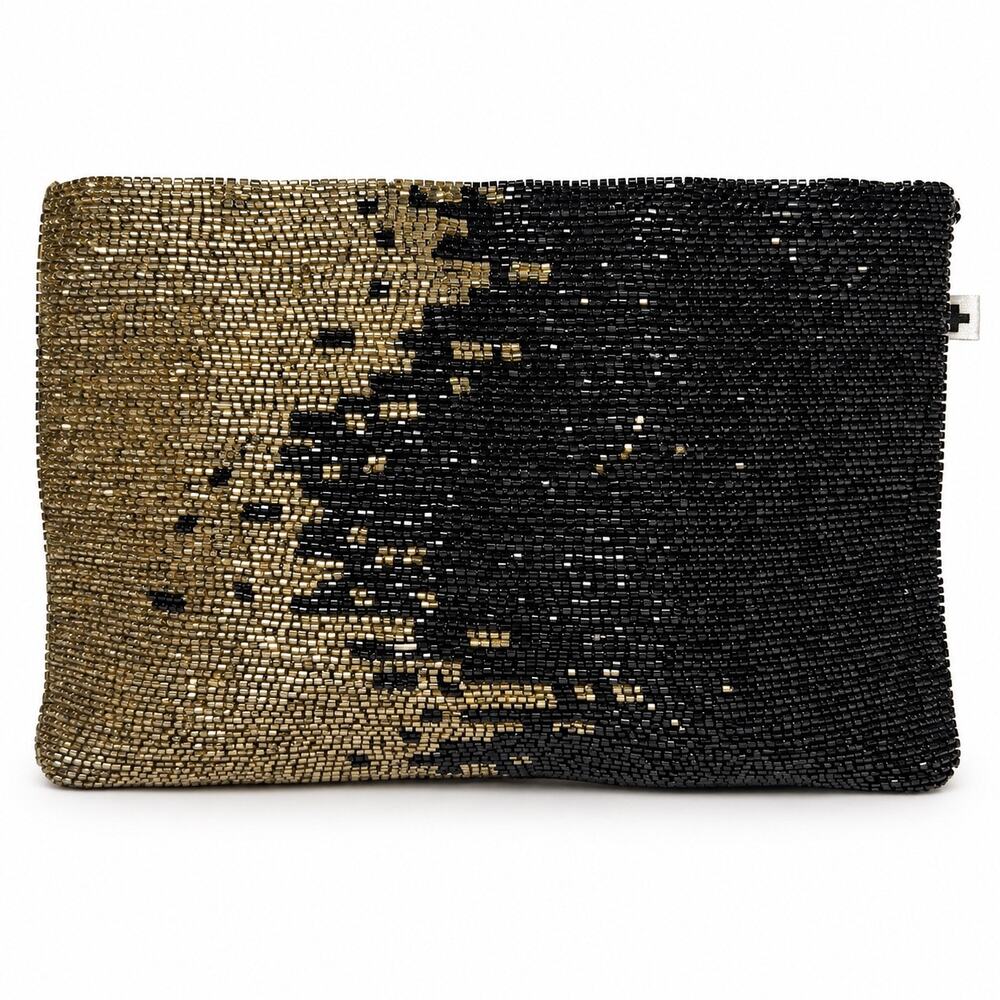 Ink + Alloy Beaded Zip Clutch Bag Black Gold Ombre Metallic Women's Evening